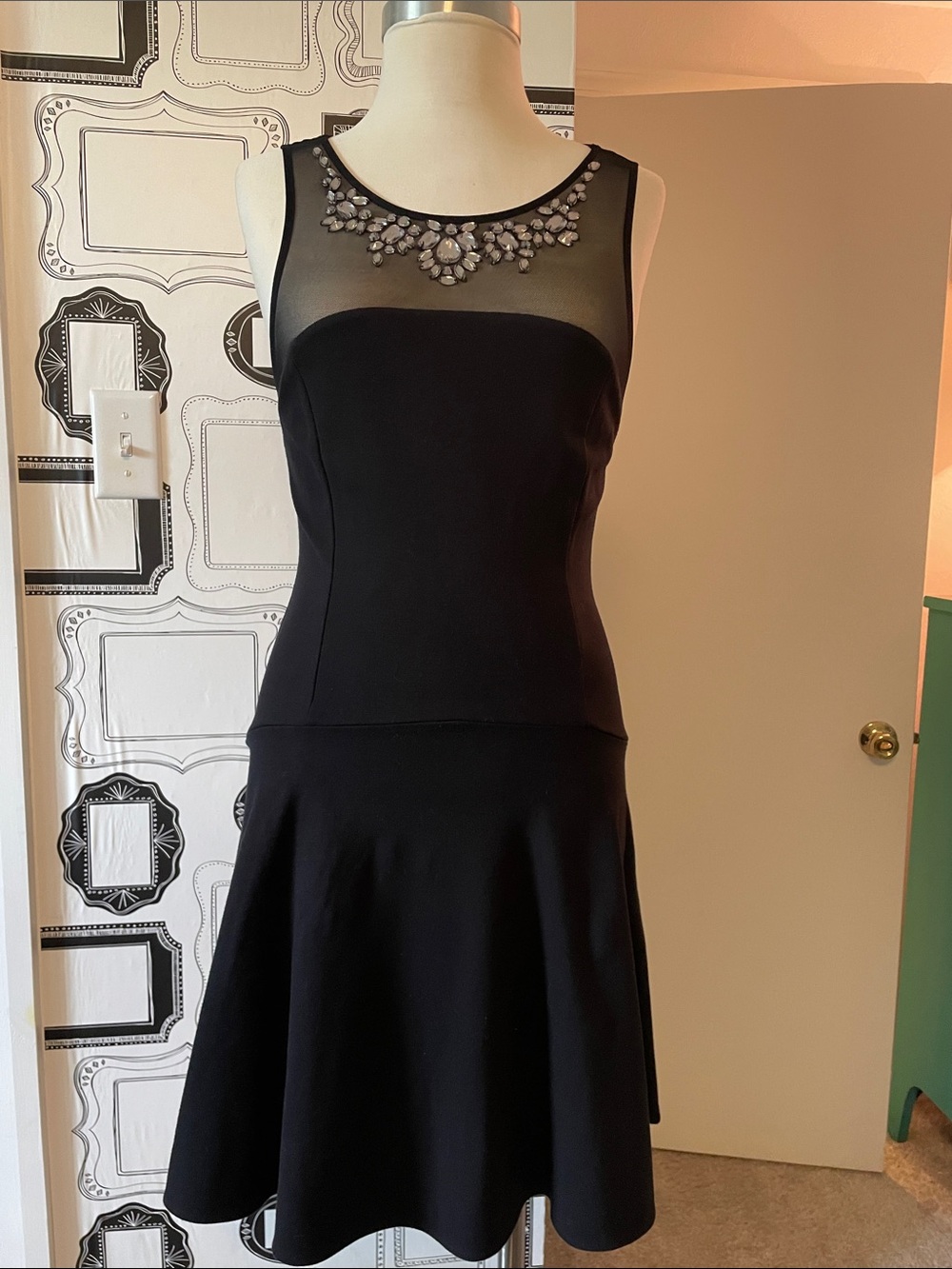Express Black Mesh Yoke Midi Dress with Jewel Neckline